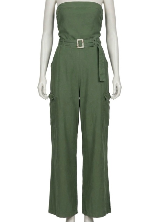 Sim & Sam Pants - Strapless Olive Green Utility Jumpsuit with Belted Waist